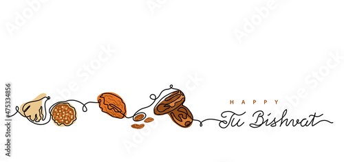 Tu Bishvat, hebrew holiday of fruit trees. One line art drawing of dried fruits fig fruits, apricot, dates. Vector background, banner, poster. Tu Bishvat lettering