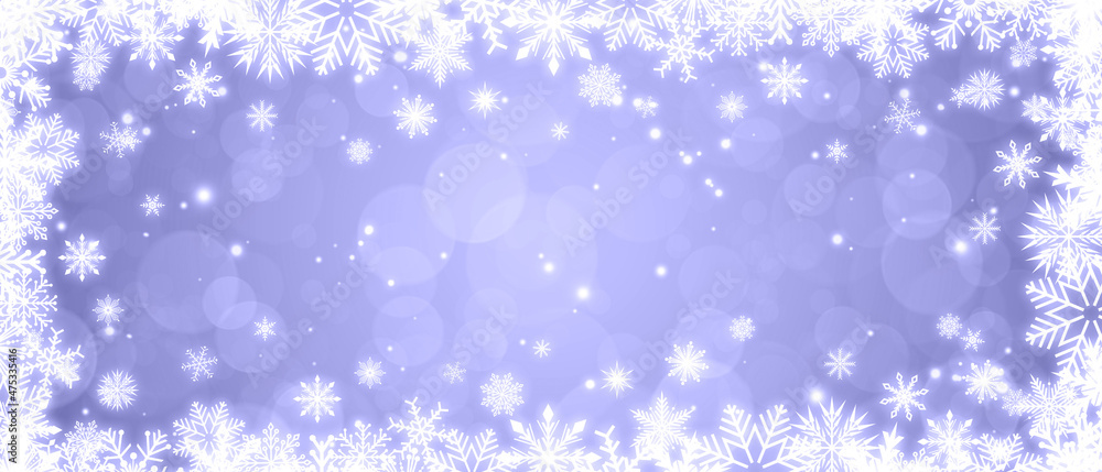 Shiny white frame with snowflakes on a purple blue bokeh background. Festive Christmas banner