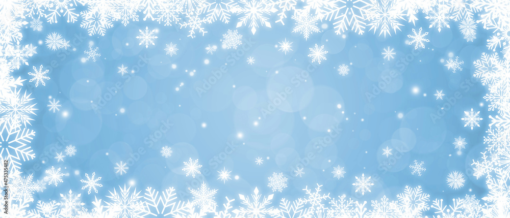 Shiny white frame with snowflakes on a light blue bokeh background. Festive Christmas banner