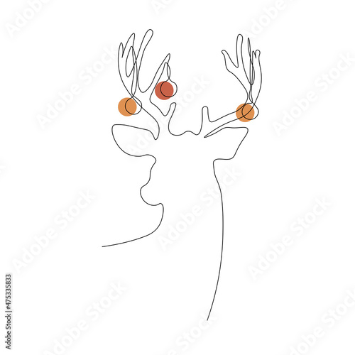 Vector deer in line art style. Deer with Christmas decorations hanging on the antlers.