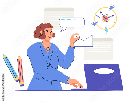 Business woman or office worker, executor working on laptop, sending or receiving mail. Online business communication, analyzing and auditing process, flat vector illustration isolated on background.
