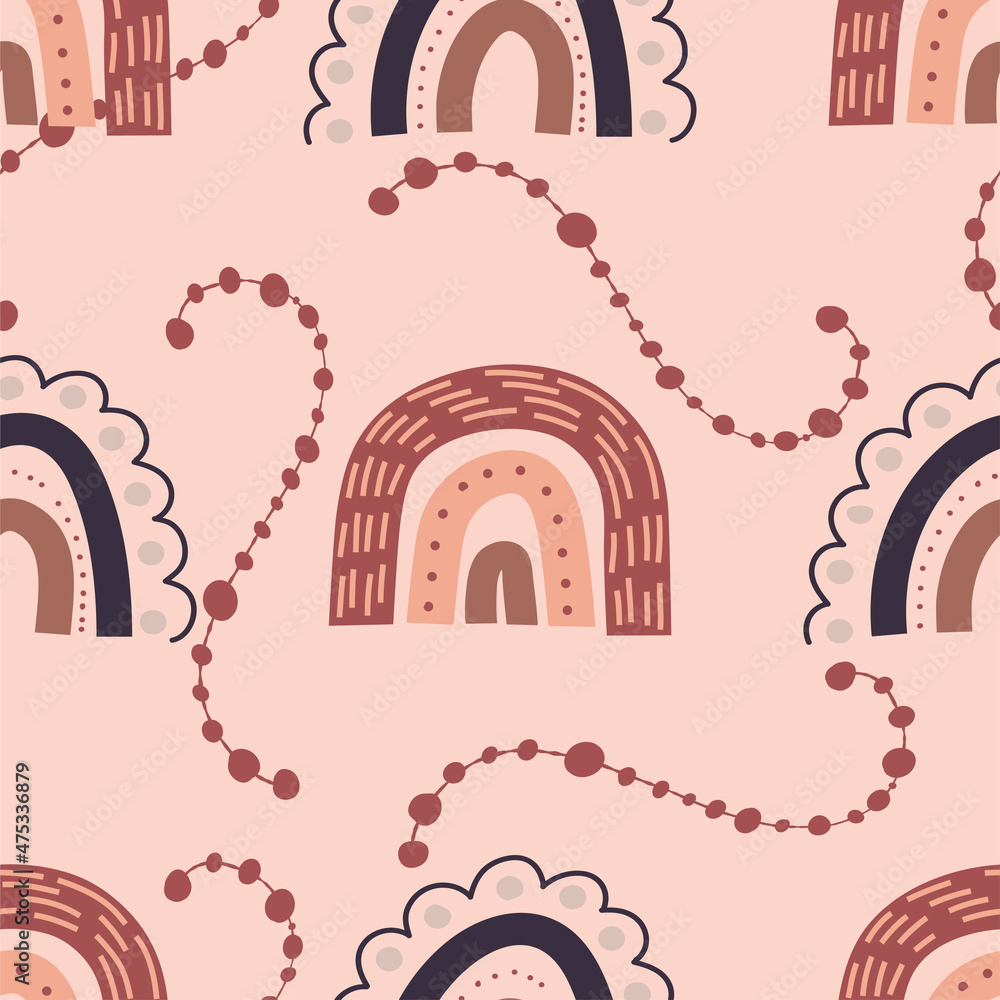 Boho rainbow seamless pattern, bohemian repeating pattern in earthy colors.For baby textiles in a flat Nordic style. Vector illustration with simple shapes and striped rainbows Boho rainbow seamless pattern, bohemian repeating pattern in earthy colors.For baby textiles in a flat Nordic style. Vector illustration with simple shapes and striped rainbows