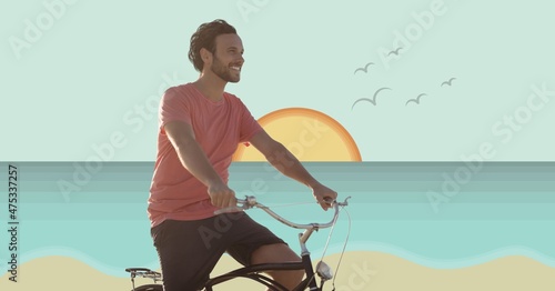 Composite image of caucasian man riding a bicycle against beach in background