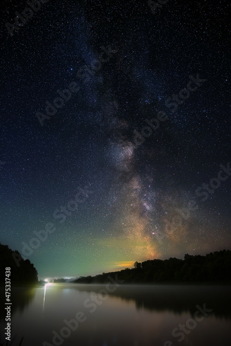 Bright stars of the Milky Way in the night sky over the river. Wonderful place for landscape.