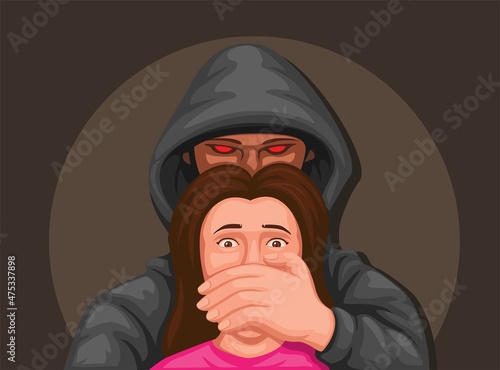 Kidnapped girl with perpetrator in behind. criminal scene illustration vector