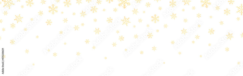 Gold snowflakes falling on white backdrop. Christmas winter decoration. Golden holiday elements. Greeting card background template. Vector illustration - obrazy, fototapety, plakaty 