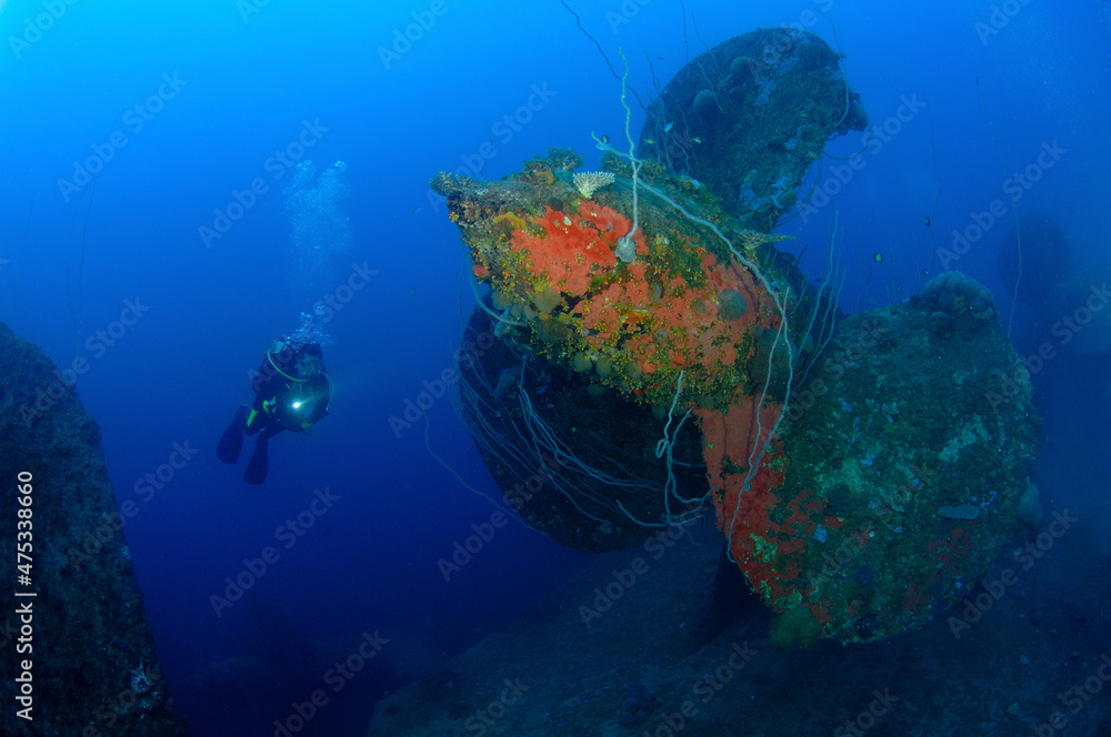 Fototapeta premium Scuba diver explores Japanese battleship Nagato prop Bikini Atoll.
