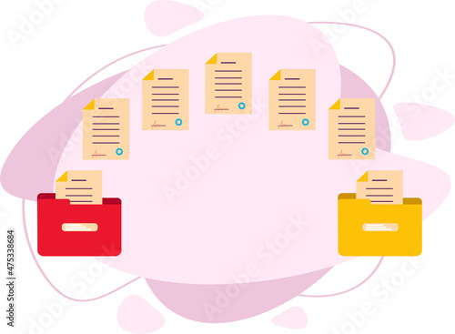 File transfer. Document management. Documents were moved to two folders. Copying files. Flat vector illustration.