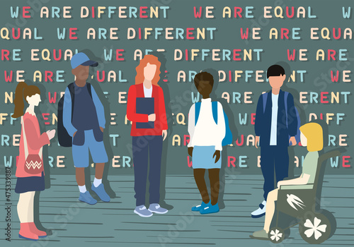 Multi ethnic group of teenagers communicate. Students and friends. Diversity people. Girl with disability. We are different - We are equal concept Vector illustration. 