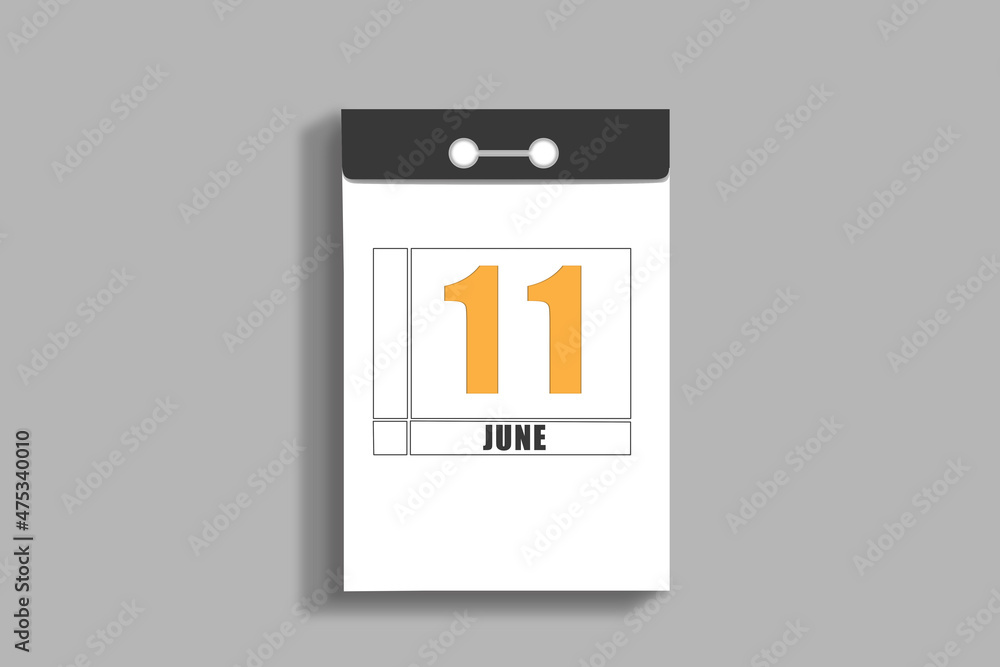 june 11. 11th day of month, calendar date.White page of tear-off calendar, on gray insulated wall. Concept of day of year, time planner, summer month june 11. 11th day of month, calendar date.White page of tear-off calendar, on gray insulated wall. Concept of day of year, time planner, summer month