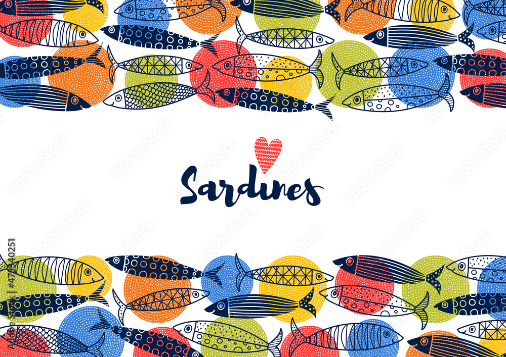 Obraz premium Cute sardines. Poster with colorful fish.