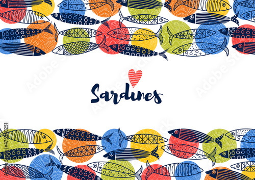 Cute sardines. Poster with colorful fish.