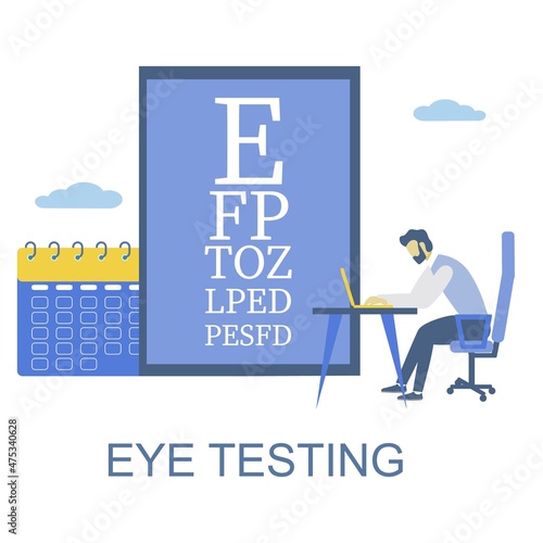 Online eye test chart. Man testing vision from home, flat vector illustration. Online eyesight and vision checkup.