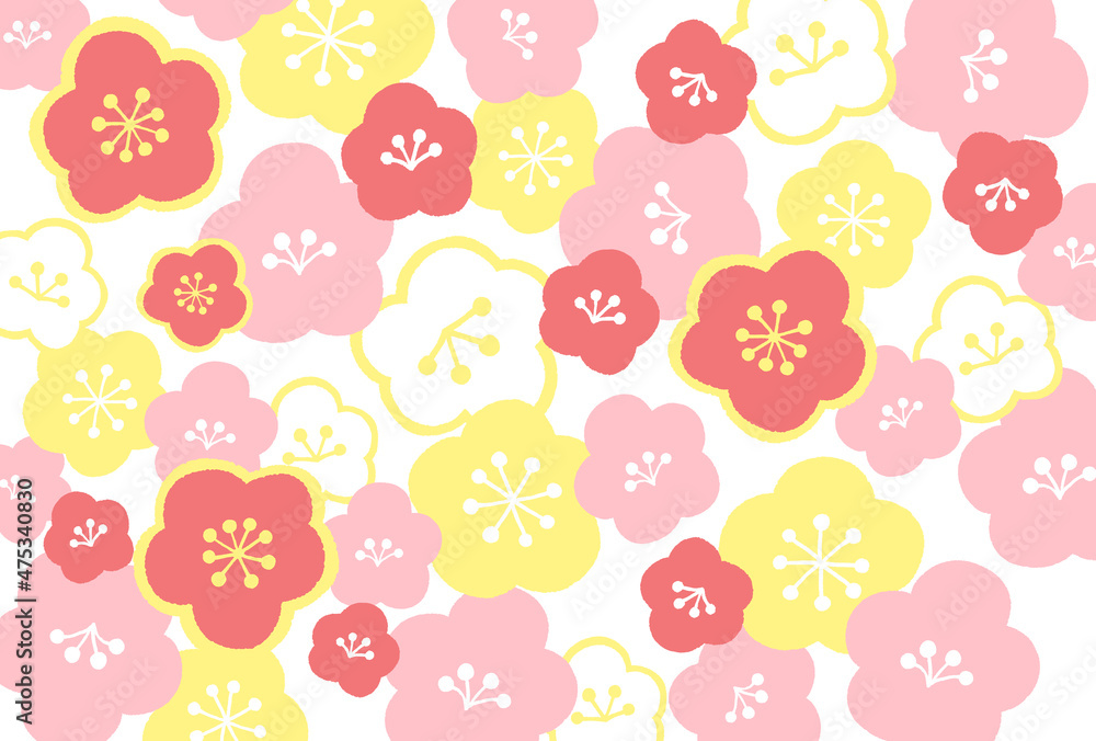 赤とピンクと黄色の梅の花の壁紙
