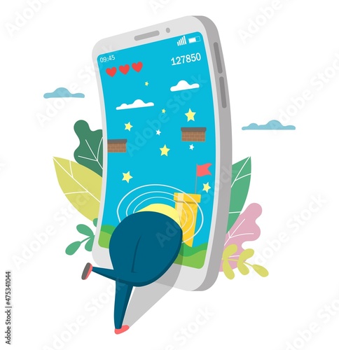 Woman playing video game on smartphone, vector illustration. Mobile game addiction. Online gaming. Unhealthy lifestyle