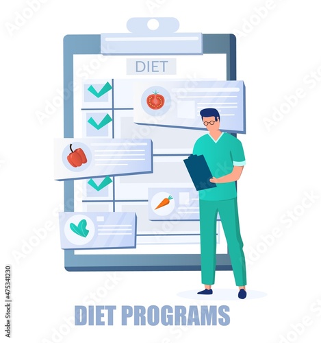 Doctor nutritionist planning diet program, vector illustration. Weight loss program, healthy diet, proper nutrition.