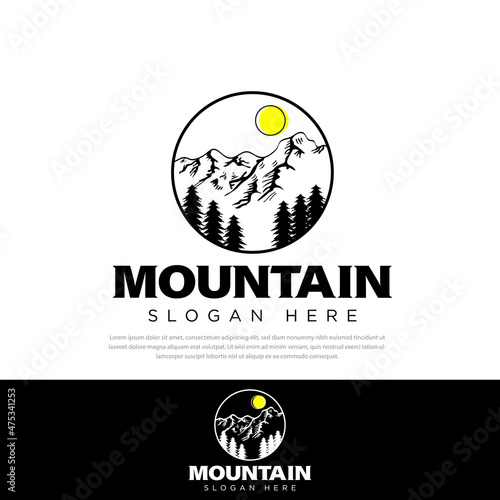 Mountain forest logo design, trees, sun Illustration Templates, symbol, icon