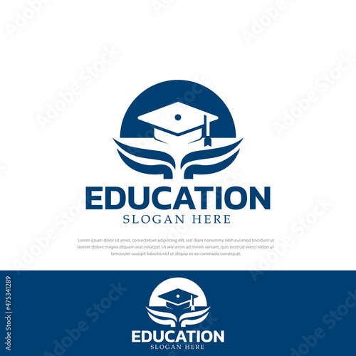 Educational or library studies, student dorm logo template. student accommodation vector design house roof logo and gown hat vector illustration