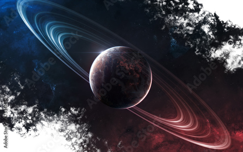 Space art in dust splash style on white background. Inhabited planet of deep space in light of red and blue star. Science fiction. Elements of this image furnished by NASA