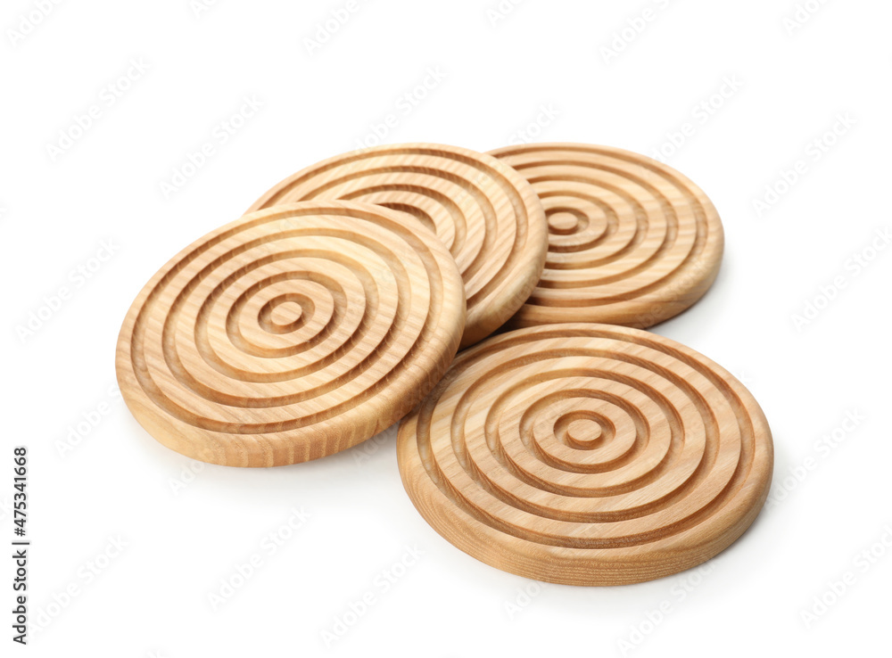 Stylish wooden cup coasters on white background Stylish wooden cup coasters on white background