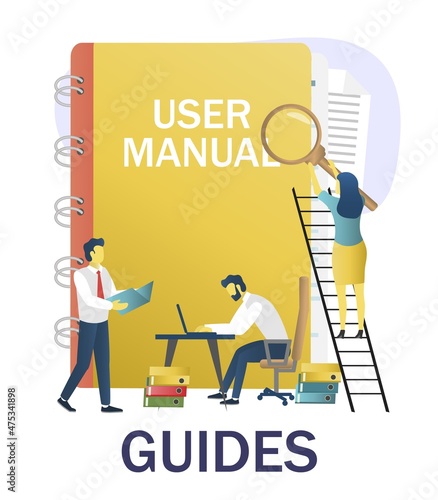 People reading guidebook, writing guidance, advices, instruction manual, vector illustration. User guide, user manual.