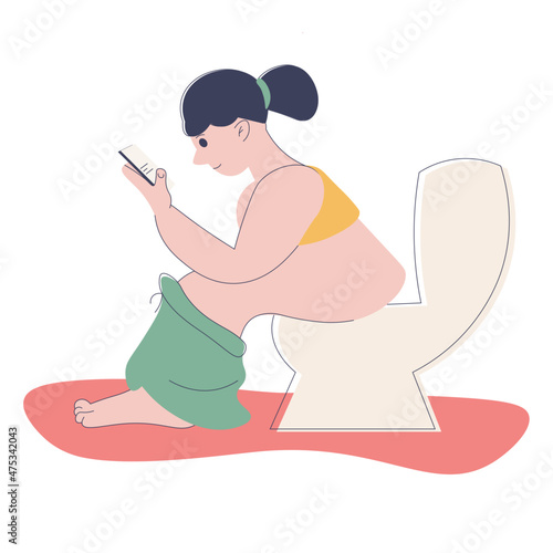A simple beautiful flatt illustration of a girl in the bathroom sitting on her phone