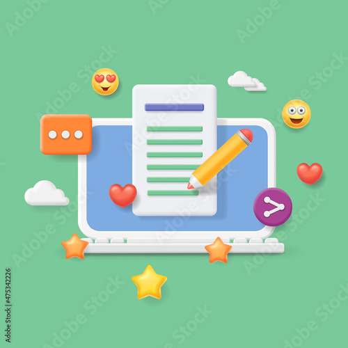 Blogging concept. Creative writing, storytelling, copywriting. Laptop and text document 3d vector illustration