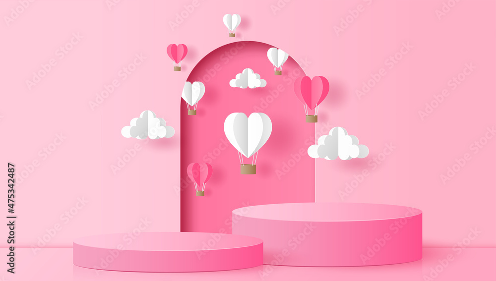 Paper cut of pink cylinder podium with heart hot air balloons and clouds for products display presentation, Valentine's Day sale concept Paper cut of pink cylinder podium with heart hot air balloons and clouds for products display presentation, Valentine's Day sale concept