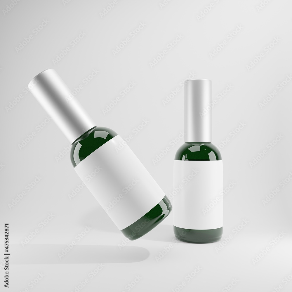 two glass green bottles cosmetic with blank label and metallic cap 3d render two glass green bottles cosmetic with blank label and metallic cap 3d render
