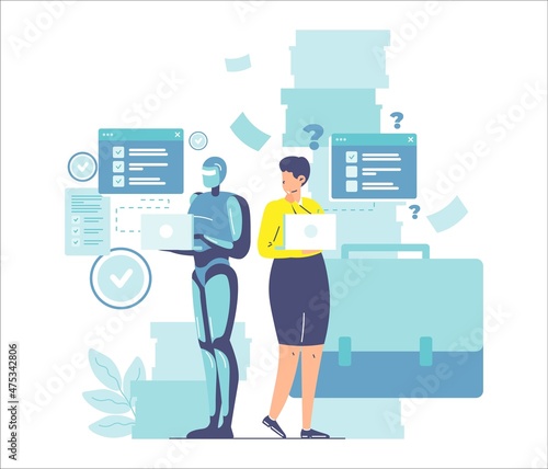 AI working better than human, vector illustration. Artificial intelligence vs human productivity. Robots superiority.