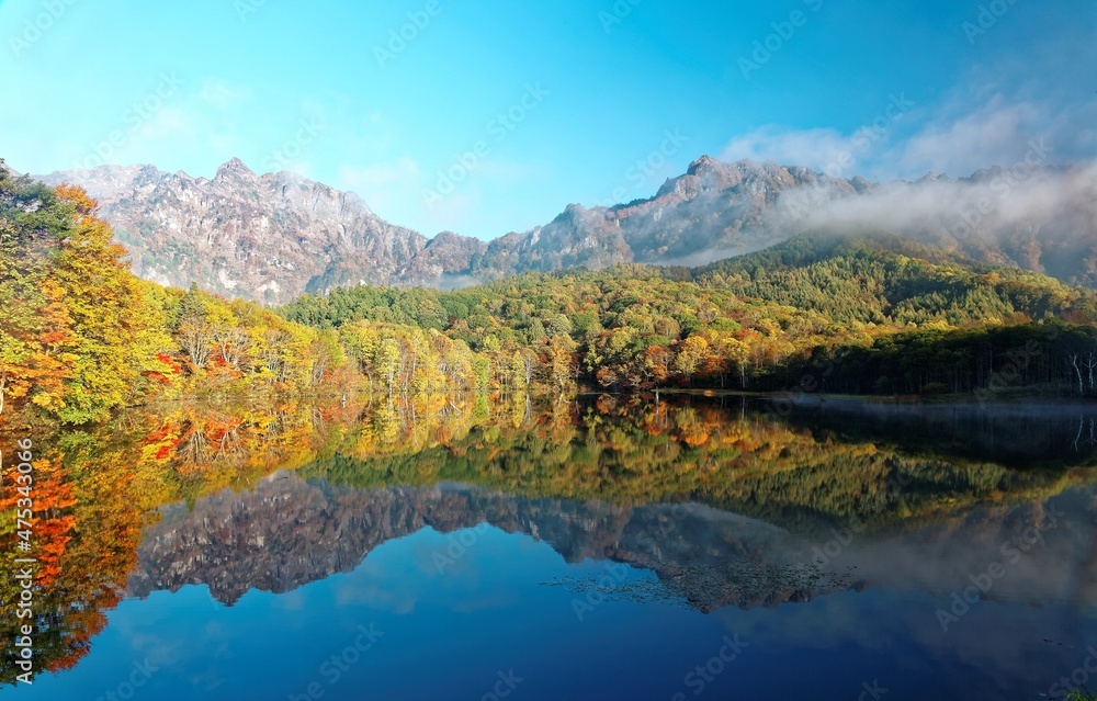 Autumn lake scenery of amazing Kagami Ike (Mirror Pond) in morning light with symmetric reflections of colorful fall foliage on smooth water & rugged Togakushi Mountain in background in Nagano, Japan
