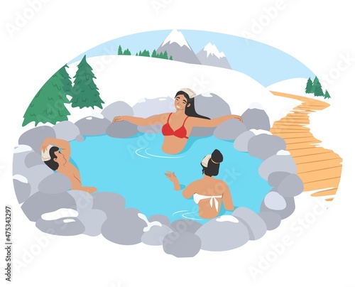 People enjoying outdoor thermal spa water pool in winter. Mountain onsen, japanese natural hot spring resort, vector.