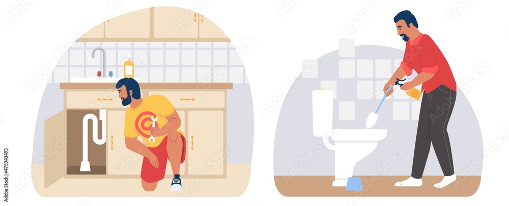 Man repairing leak under kitchen sink, cleaning toilet, vector illustration. Housework, housekeeping, house cleaning