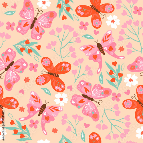 Seamless pattern with valentine s day vibe with butterflies. Vector graphics