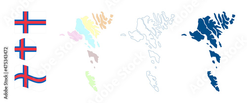 Faroe Islands map. Detailed blue outline and silhouette. Administrative divisions and regions. Country flag. Set of vector maps. All isolated on white background. Template for design and infographics.