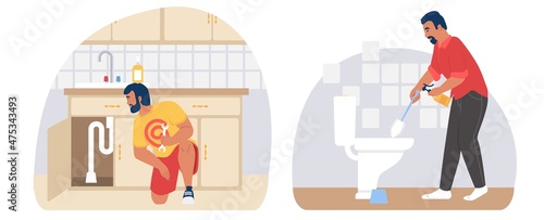 Man repairing leak under kitchen sink, cleaning toilet, vector illustration. Housework, housekeeping, house cleaning