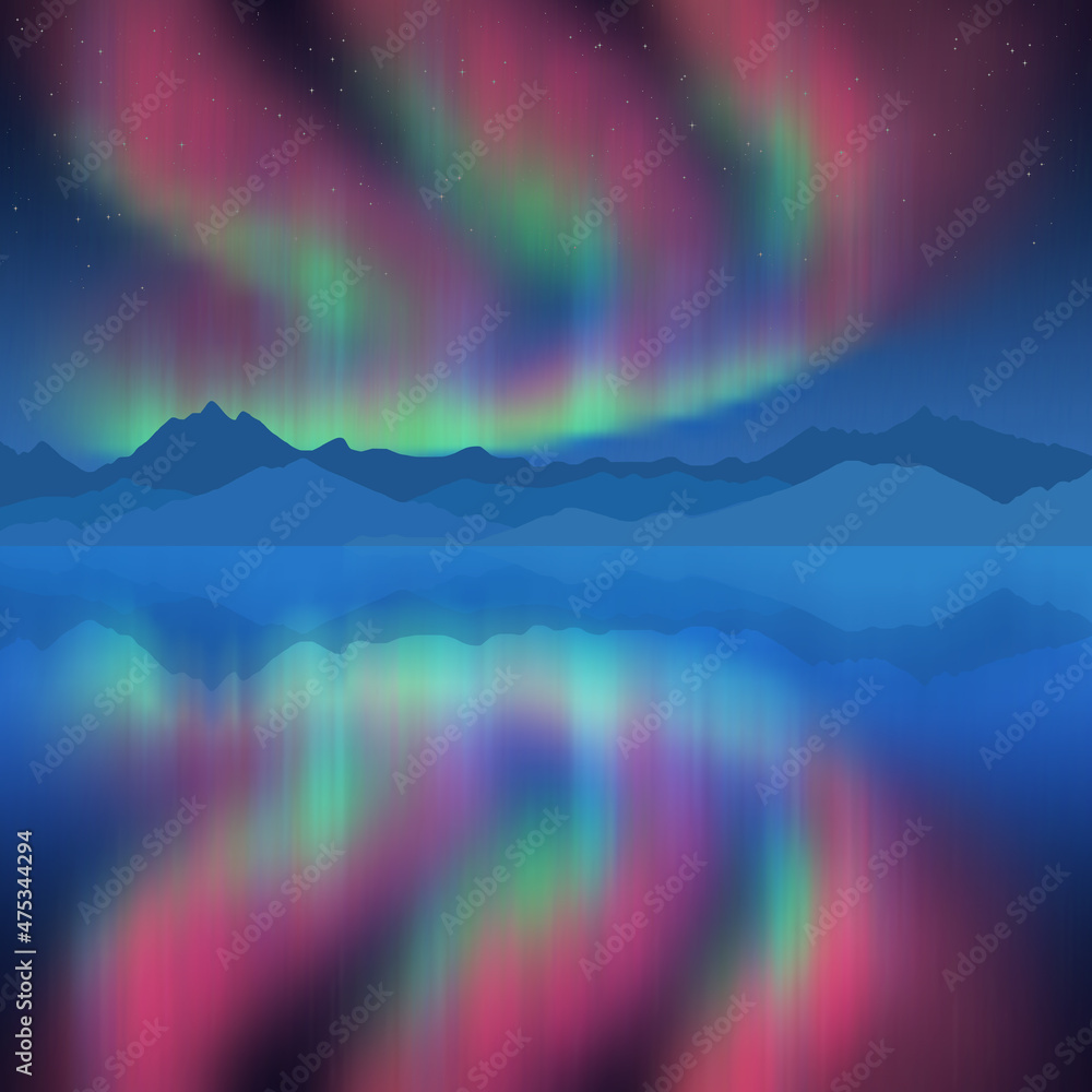 Aurora borealis reflected in the sea, winter holiday illustration	