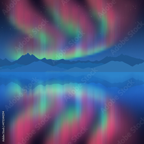 Aurora borealis reflected in the sea, winter holiday illustration	