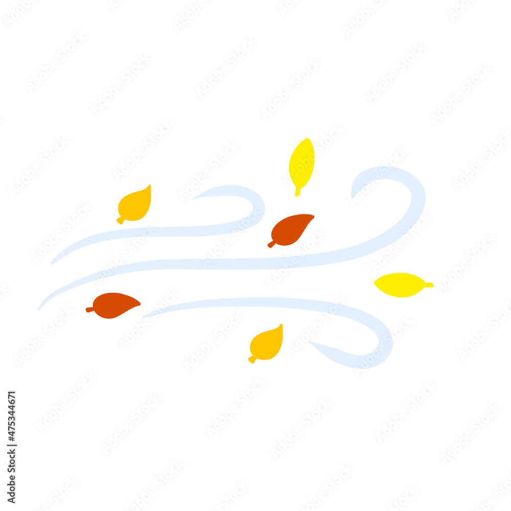 Autumn Wind. Stream of air with red and yellow leaves. Blue wavy line. Breeze and weather icon. Leaf fall. Flat illustration Autumn Wind. Stream of air with red and yellow leaves. Blue wavy line. Breeze and weather icon. Leaf fall. Flat illustration