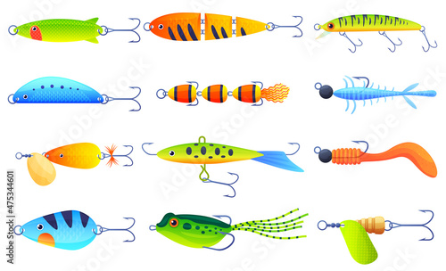 Collection bright bait for fish vector flat illustration. Set of fishing lure with floating and hook