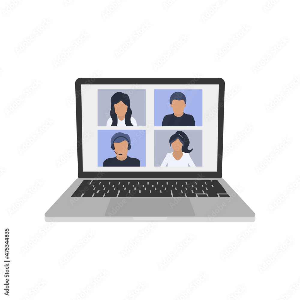 Illustration of a diverse group of friends or colleagues in a video conference on laptop computer screen. Vector illustration. Illustration of a diverse group of friends or colleagues in a video conference on laptop computer screen. Vector illustration.