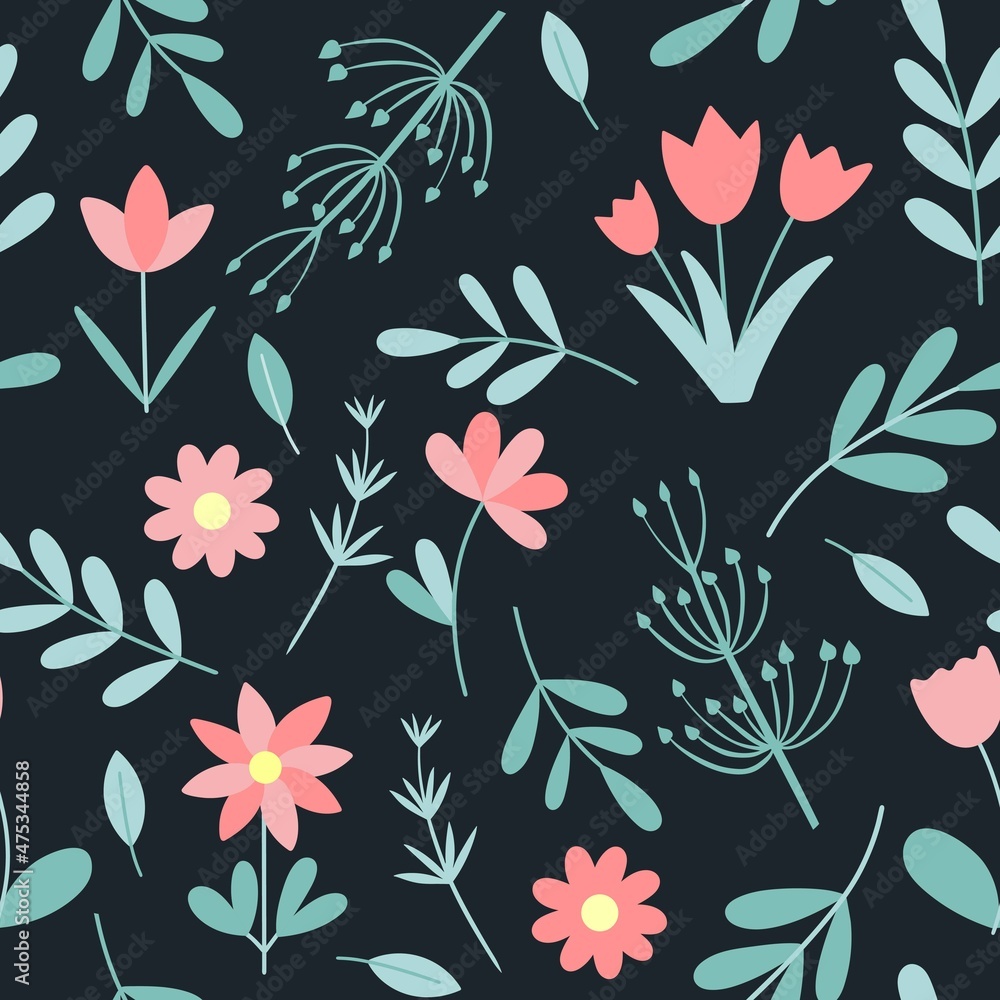 Pink spring flowers and leaves seamless pattern. Botanical beautiful floral deciduous background. Template for wallpaper and design