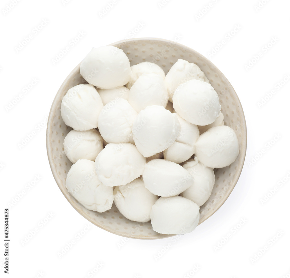 Bowl with mozzarella cheese balls on white background, top view Bowl with mozzarella cheese balls on white background, top view