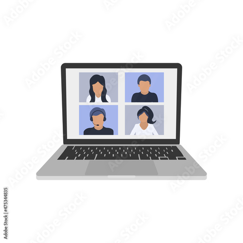 Illustration of a diverse group of friends or colleagues in a video conference on laptop computer screen. Vector illustration.