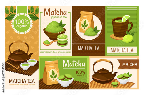 Collection matcha green tea banner with place for text vector flat illustration. Set poster promo