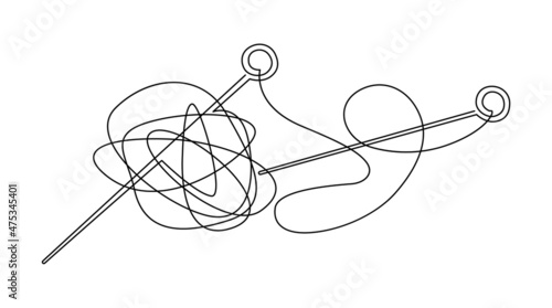 Hand knitting. Knitting needles and threads. Continuous line drawing. Vector illustration.