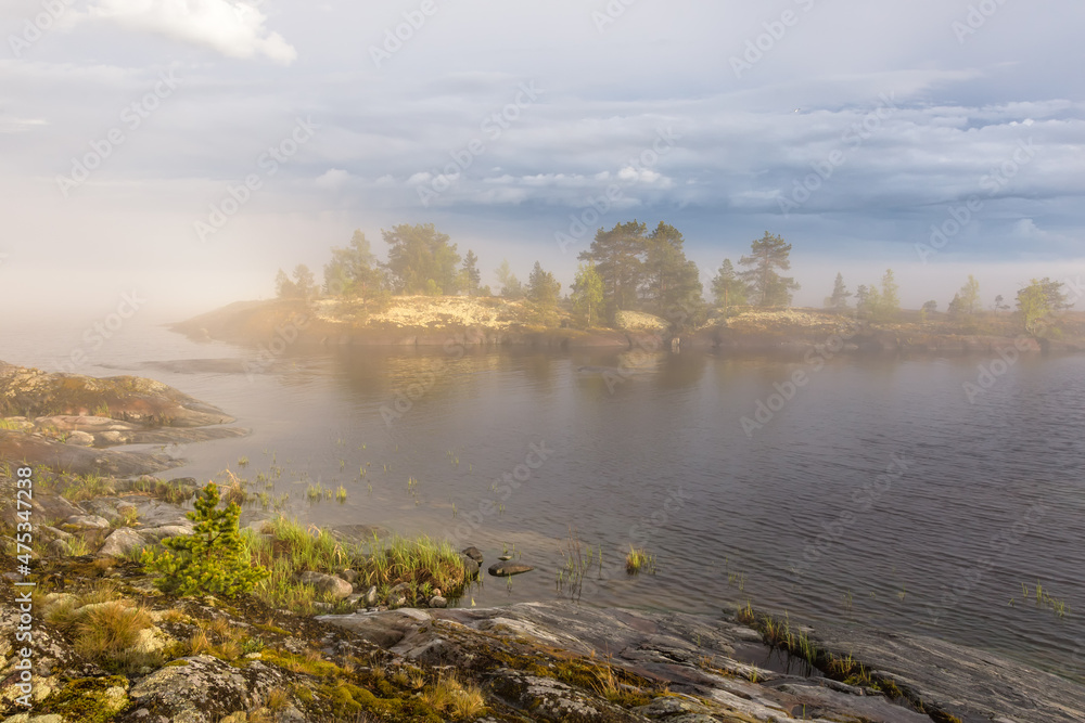 Foggy landscape of northern nature. lovely view of the island. Yellow moss and rocks in the foreground. Ladoga lake. Smoky summer landscape. Primeval Russia. Archipelago. Karelia.Ladoga. 