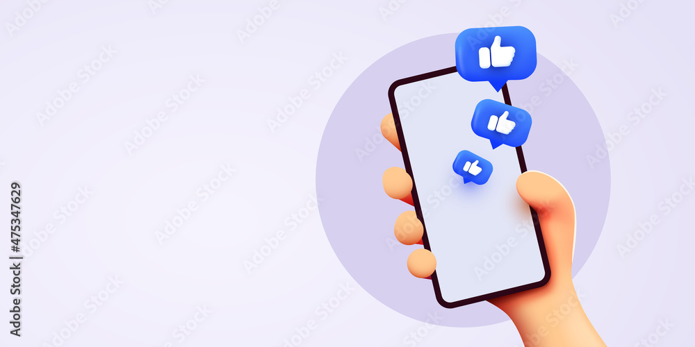 Cute cartoon hand holding mobile smartphone with Likes notification icons. Social media and marketing concept. Cute cartoon hand holding mobile smartphone with Likes notification icons. Social media and marketing concept.