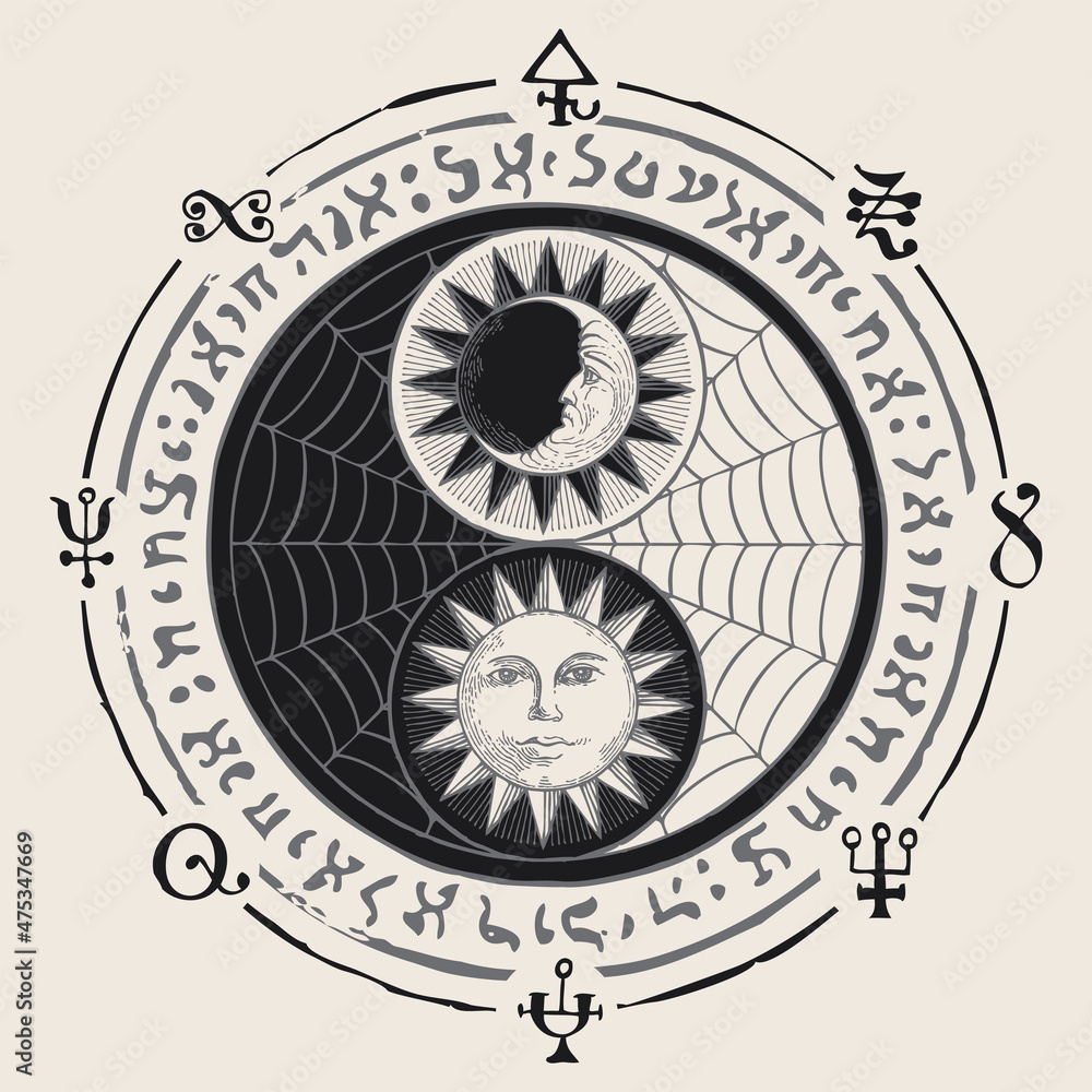 Vector yin yang symbol with sun, moon, cobweb and magic signs, written in a circle. Hand-drawn sign of harmony, balance, feng shui, zen, yoga, day and night with stylized moon and sun with human face