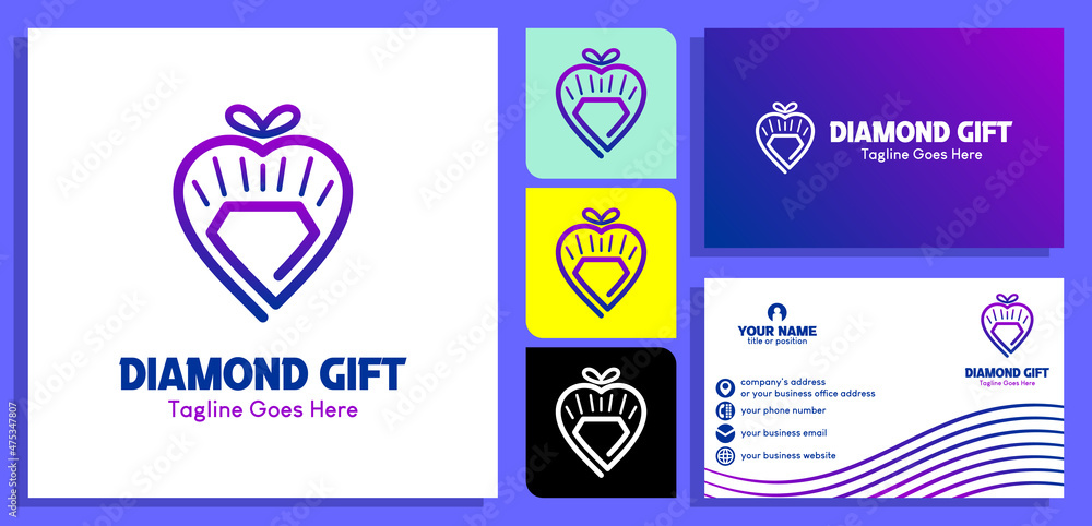 diamond and heart logo design template in a gift. Luxury line logotype design. and business card design templates. vector illustration diamond and heart logo design template in a gift. Luxury line logotype design. and business card design templates. vector illustration